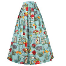 Belle Poque Elastic Waist Cotton A-Line Vintage Retro Style Swing Long Skirt BP000324-3